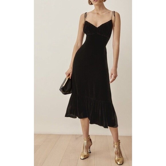 Reformation Black Oda Velvet Midi Dress whimsigoth Size 4 - Picture 1 of 9